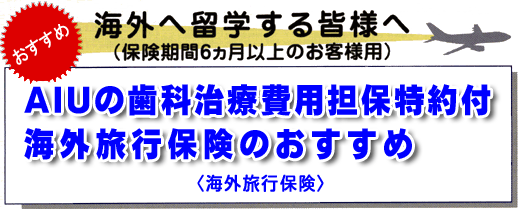 おすすめ　海外へ留学する皆様へ（保険期間6ヶ月以上のお客様用）　AIGの歯科治療費用担保特約付 海外旅行保険のおすすめ＜海外旅行保険＞